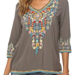 Gray Embroidered Boho Chic Top